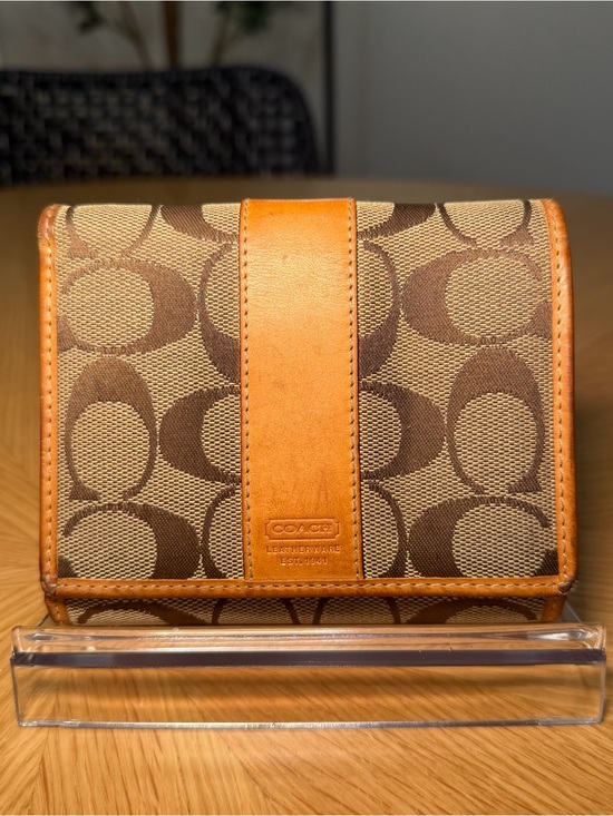 Coach Handbags - Coach Vachetta Leather Signature Canvas Trifold Wallet
